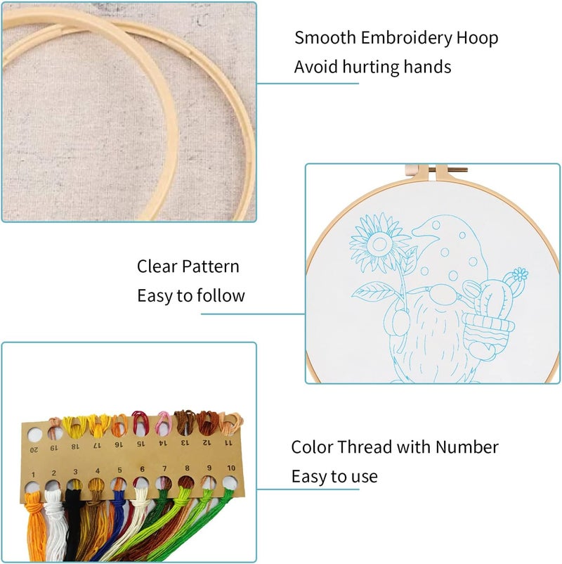 Nuberlic Sunflower Embroidery Kit for Beginners, Full Set of Stamped Gnome Cross Stitch Kit for Adults Including Threads, Hoops and Instruction - Image 4